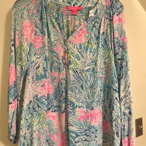 Lilly Pulitzer Women's Vibrant Coral Reef Blouse - Blue and Pink